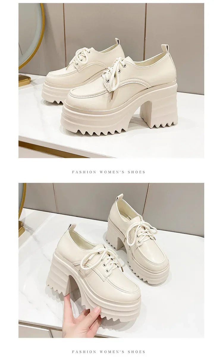Gothic Chunky High Heels Loafers for Woman New Leather Platform Loafers Female Solid Color Thick Heeled Lolita Shoes 2024