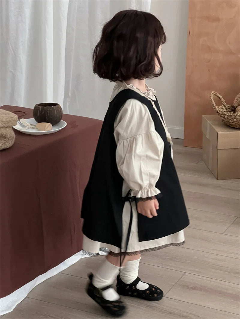 4768 Children Dress Set Spring Autumn New Retro Girl's Dress Lace Skirt 2-piece Set