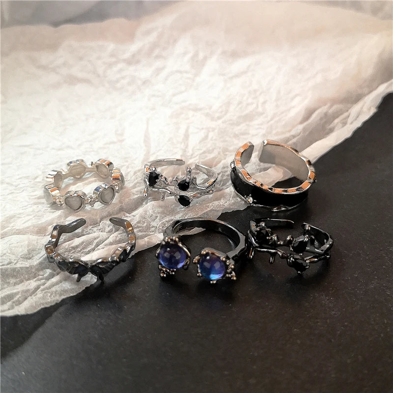 Y2K Kpop Crystal Heart Star Adjustable Irregular Geometry Punk Vintage Harajuku Rings Set For Women Girl Fashion Grunge Jewelry