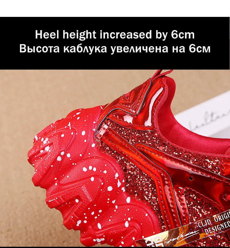 Comemore Women New Bling Platform Sneakers for Girls Casual Chunky Sneaker 6cm Thick Bottom Sports Shoes Platform Red Silver 40