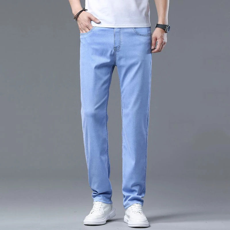 2025 Summer New Men's Light Blue Slim Stretch Jeans Lyocell Thin Style Fashion Casual Ice silk Denim Pants Male Brand Trousers