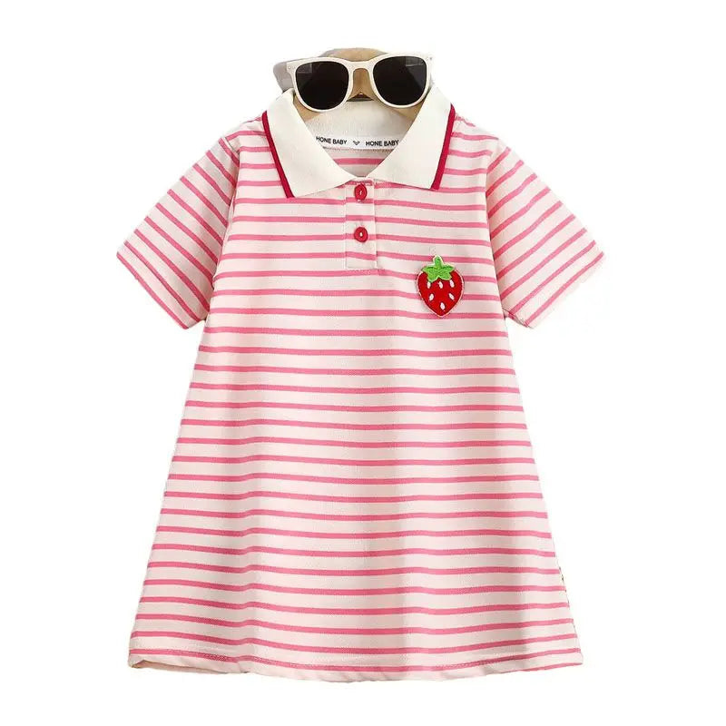 2025 New Children's Dress Girls' Summer Korean Edition Fashion Casual Striped Collar Short sleeved Dress1-10Y