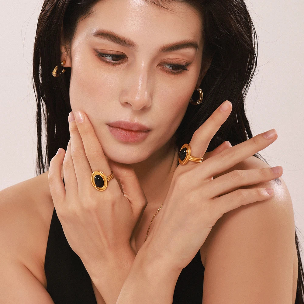 Gothic Style Black Natural Agates Ring for Women High Quality Stainless Steel Gold Plated Large Ring Female Fashion Jewelry