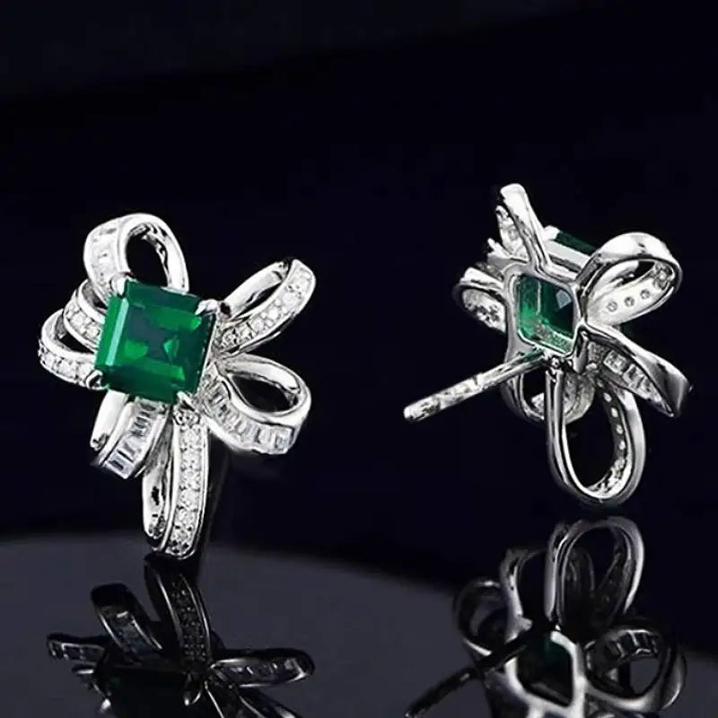 Huitan Aesthetic Knot Design Women Stud Earrings with Bright Green CZ Charming Wedding Fashion Accessories Party Daily Jewelry