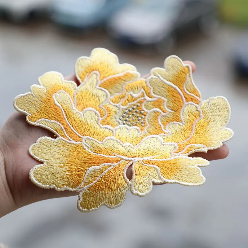1 Piece 14.5*13cm Blue Pink Yellow Red Peony Embroidery Patch Applique Sew on Patch for Evening Dress Bag DIY Glue-free