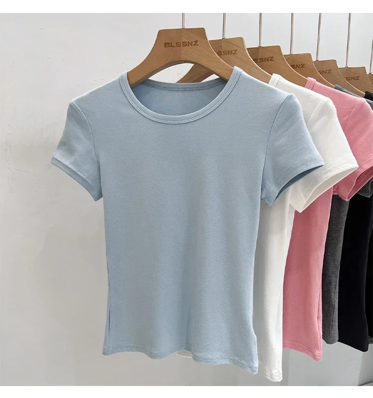 AOSSVIAO 2026 Summer White Cotton O Neck T-shirt Student Short Sleeve Versatile Tops Solid Slim Fit T Shirts Y2k Tee