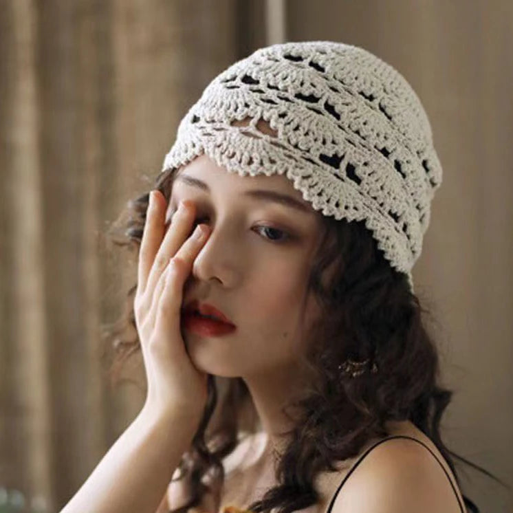 Hand-Knitted Flower Hollow Thin Cap Spring and Summer Lace Breathable Kerchief  Crochet Toe  Cotton Thread Hat Female