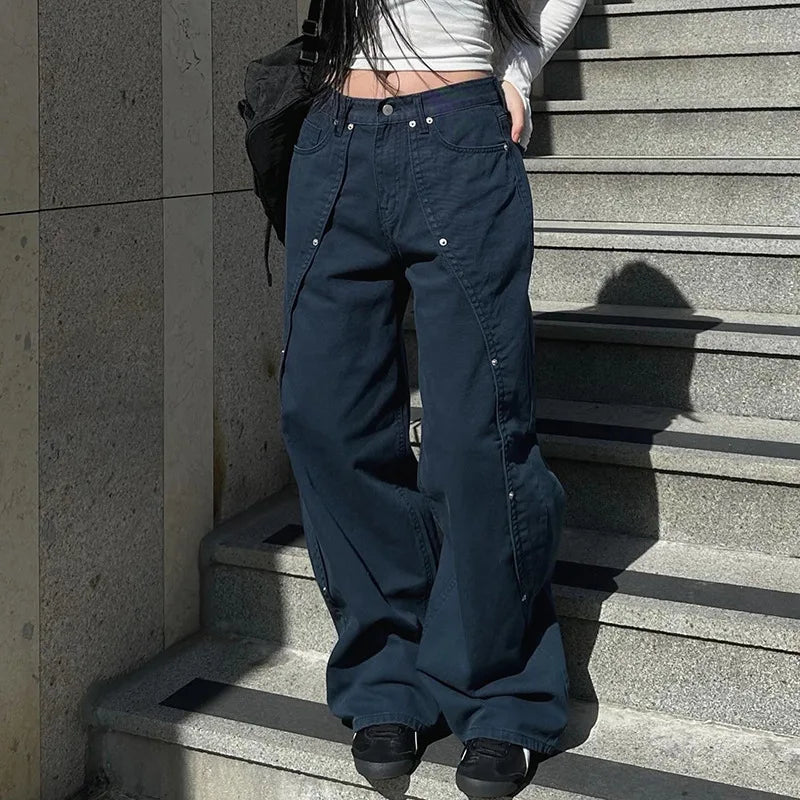 BKQU Fashion Straight Wide Leg Pants Women Baggy Jeans 2024 New American High Waist Irregular Rivets Design Wash Denim Trousers