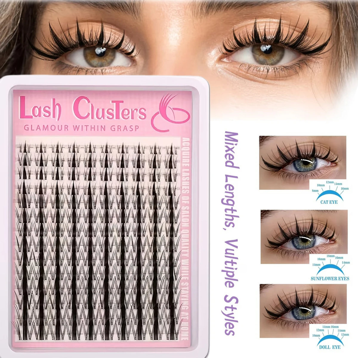 100-Strand Anime Lashes, Single Strand DIY, Korean Style, Fine Black, Natural, Dynamic, Curled, 10-13mm, Reusable For Beginners