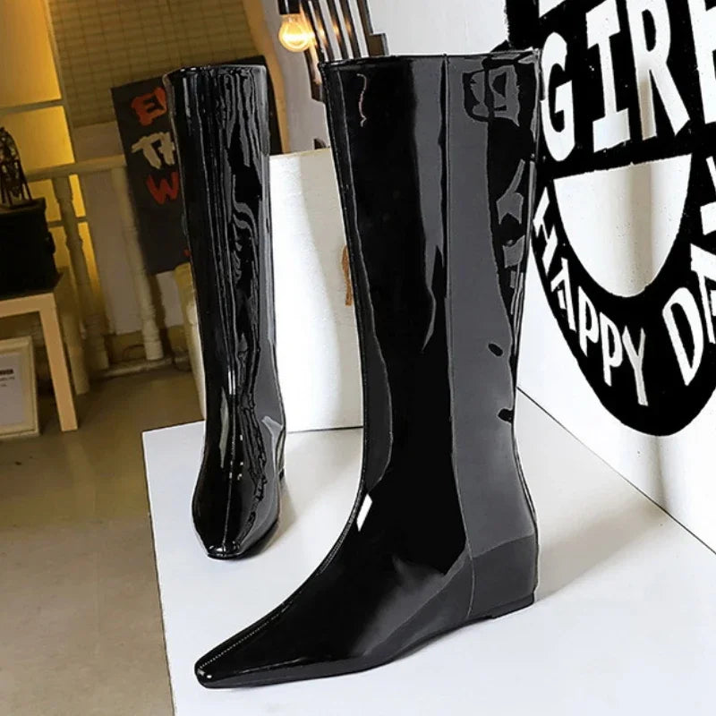 BIGTREE New Black Wedge Heels Women Modern Boots Female Shoes 2025 Fashion Luxury Pointed Toe Ladies Long Knee Western Boots