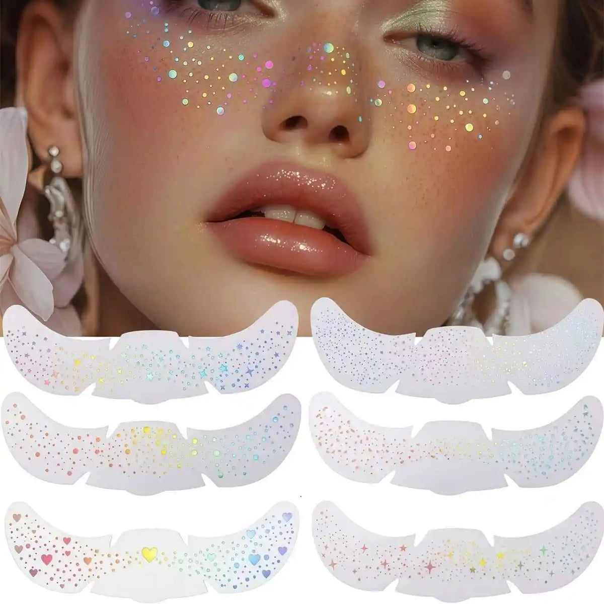 1pcs Metallic Glitter Star Tattoo Face Stickers, Glitter Freckles Holographic Stickers Heart Freckle Waterproof Face Decorations