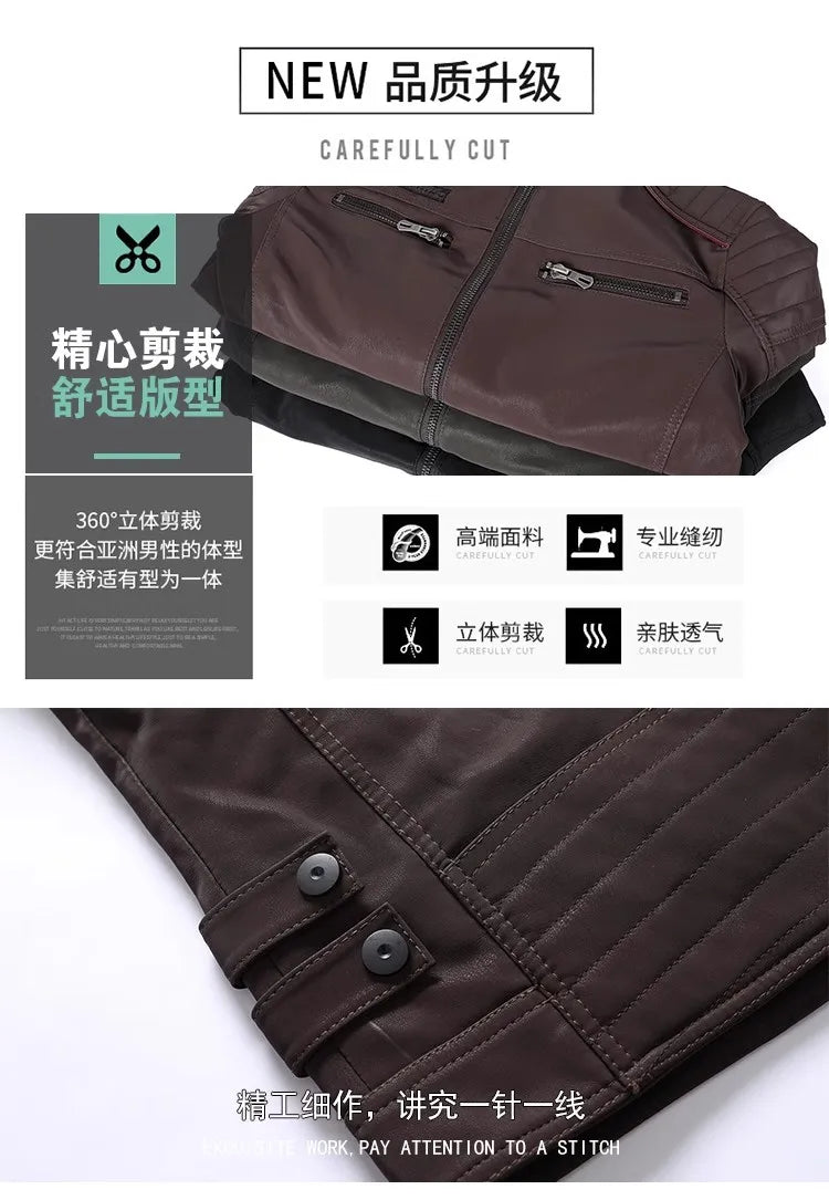 New Pilot Jackets Men's PU Jacket Fashion Casual Stand Collar Motorcycle Coats Trend Men Embroider Windbreak Warm Leather Jacket