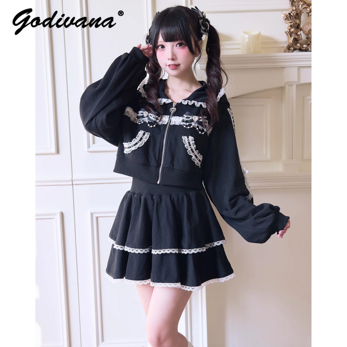 Japanese Mine Sportswear Hoodie Set Female Subculture Y2K Women's Zipper Hooded Short Jacket Coat Mini Skirt Wide Leg Pants Set