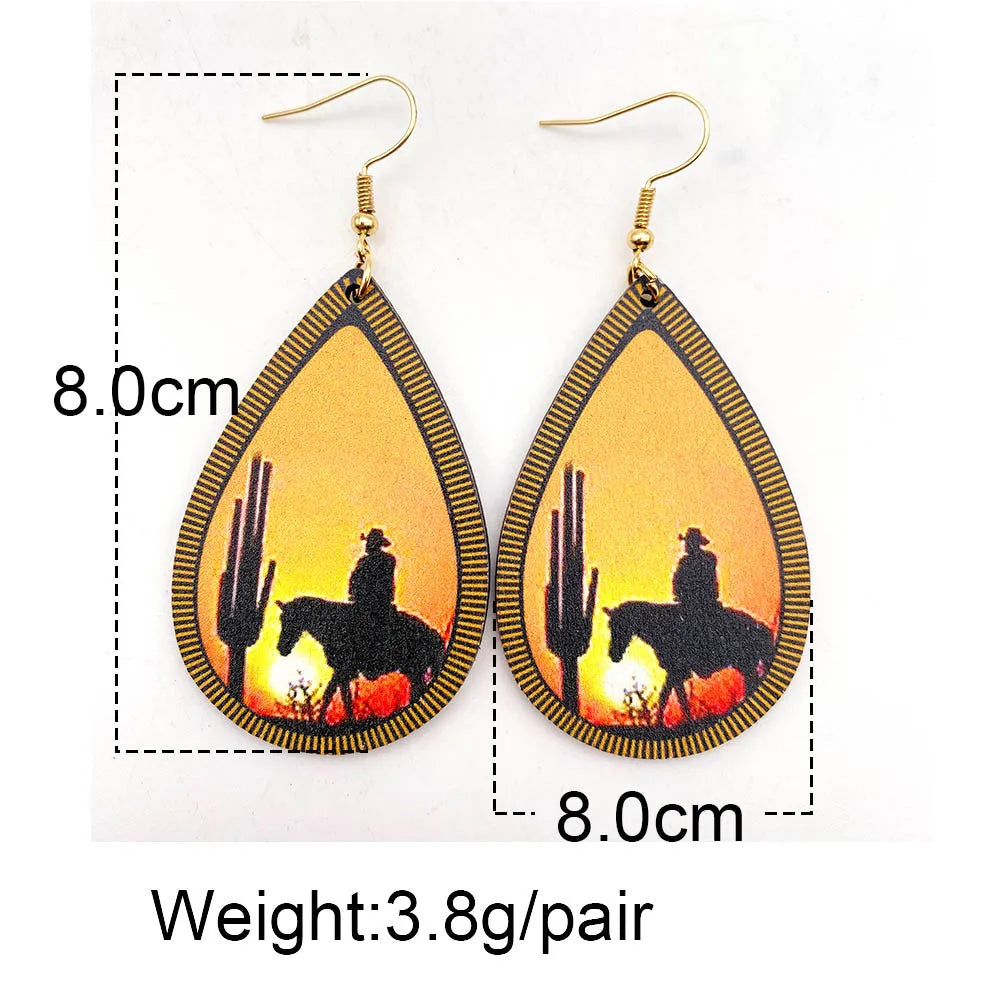 Western Cowboy Color Print Scenery Wood Teardrop Drop Earrings for Women Fashion Bronc Horse Cowgirl Cactus Sunset Art Earrings