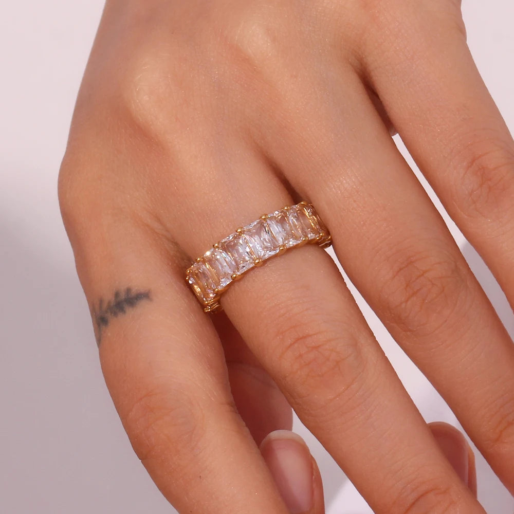 E.B.belle Tarnish Free 18K Gold Plated Shiny Square Zircon Ring 316L Stainless Steel Transparent Waterproof Women's ring