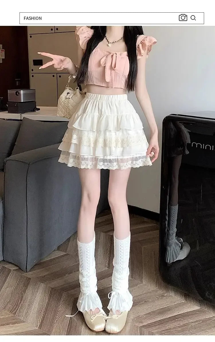 JOEVILU White Tutu Skirt A-line Elastic High Waist Mini Skirts Short Lace Cake Skirt Thin Summer Korean Fashion Goth Y2k Clothes