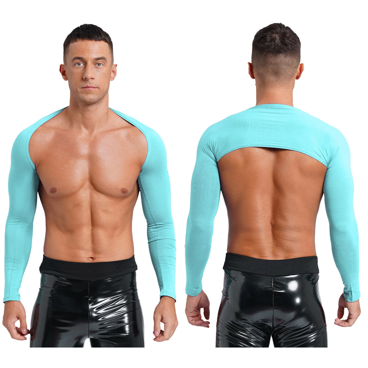 Men Open Front Half Crop Top Solid Long Sleeve Cardigan Bolero Shrug Tops Muscle Arm Sleeves Workout Sports Gym Tops Clubwear