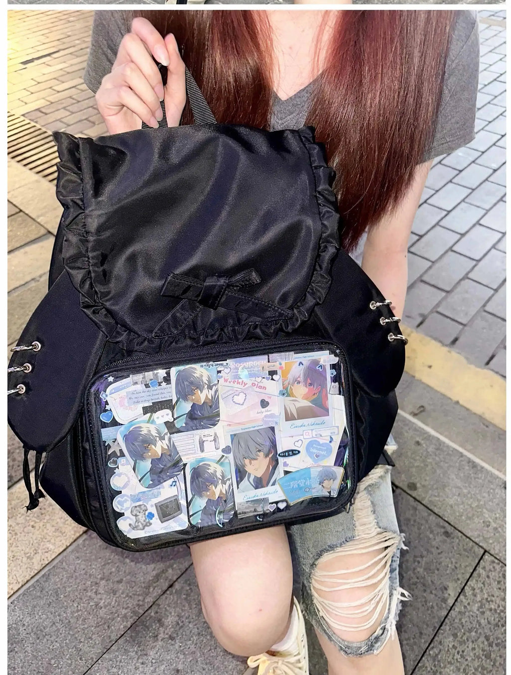 Original Two-dimensional Cute Transparent Large-capacity Backpack Women Sweet Bow Rabbit Ears Bags Preppy Style Kawaii Backpacks