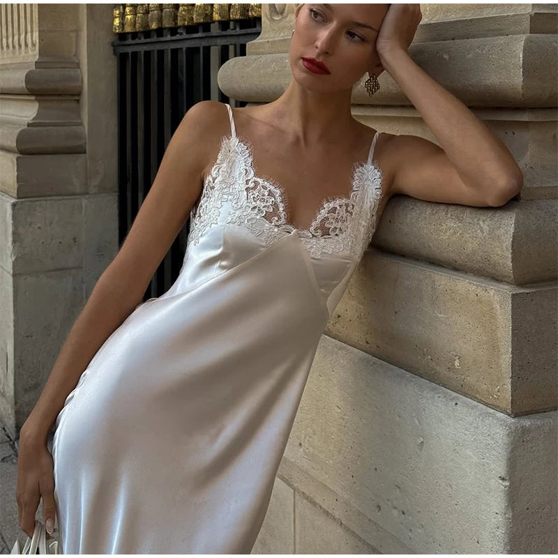 Chic Lace Patchwork Sling Maxi Dress Women Sexy V-neck Sleeveless Backless Satin Slim Long Gown Lady Evening Party Dresses 2026