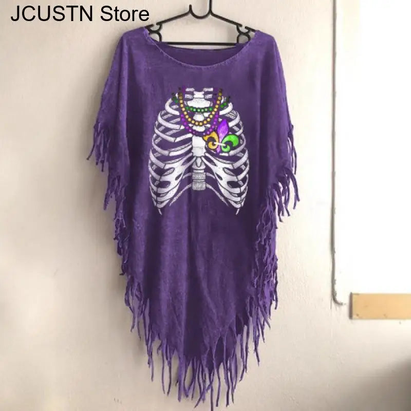 2025 New Halloween Party Costume Women Gothic Dark Skeleton Dress Long Tassel Clothing 3D Print Cloaks