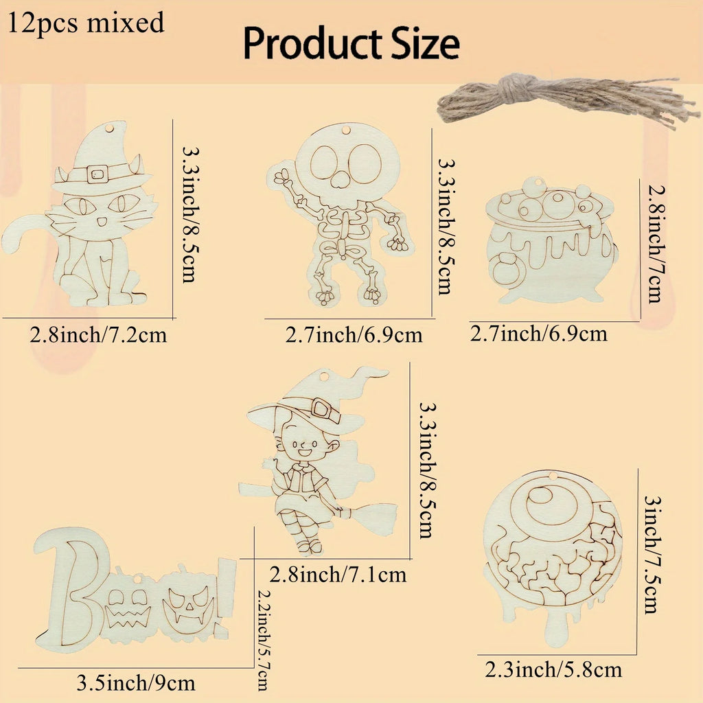 12pcs Wooden Halloween Unpainted Hanging Crafts Cartoon Witch/Cat Ornament for Halloween Decoration DIY Painting Gifts Supply