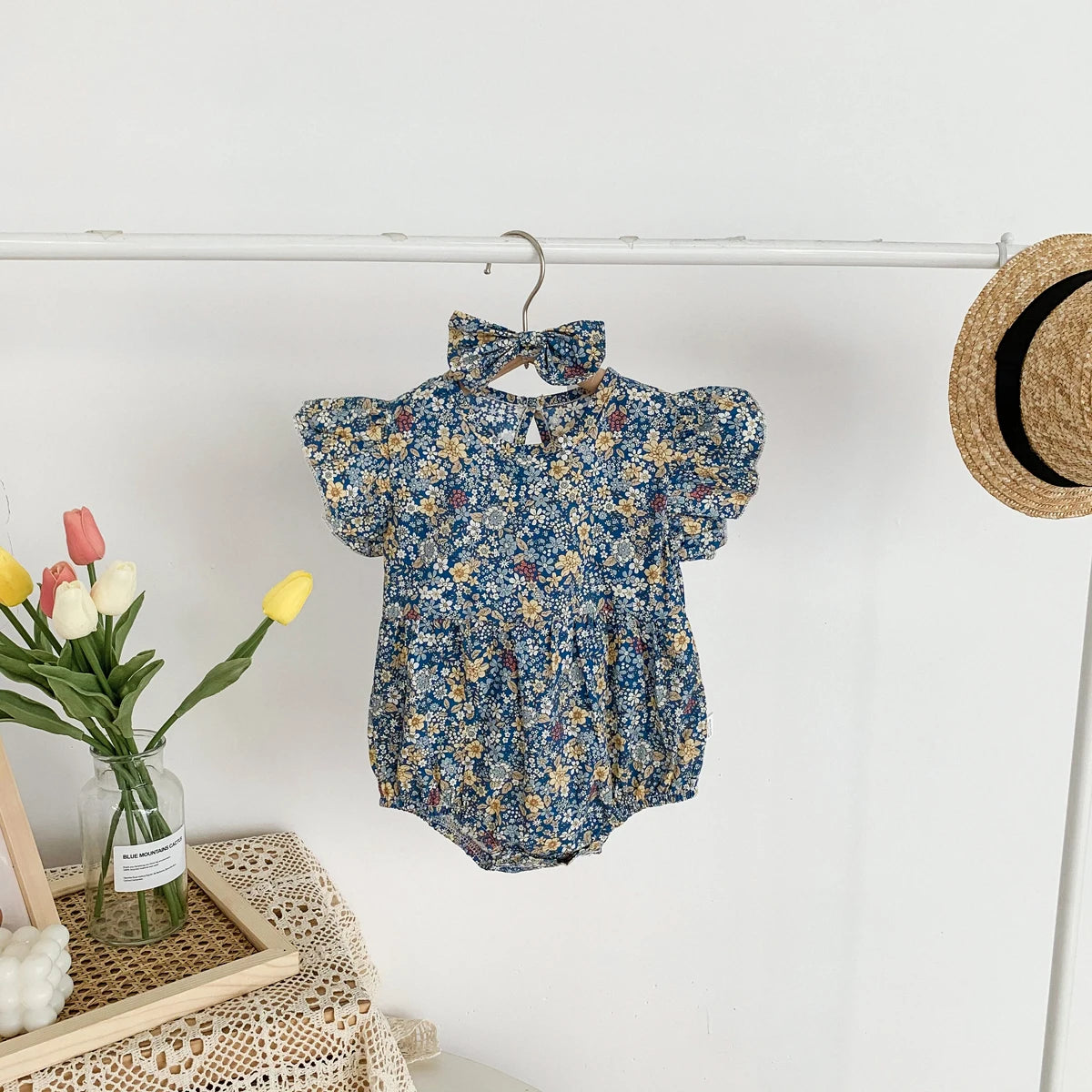 Lovely Romper+Headband 2 PCs Toddler Girl Floral Clothing Set Baby Cotton Soft Jumpsuit Newborn Flower Onesie Kids Summer Outfit