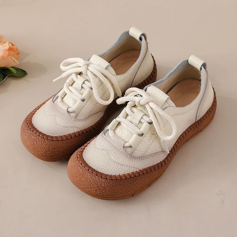 New real leather handmade shoes for women all season oxfords flats woman laced up moccasins cozy mom boat shoes round toe flats