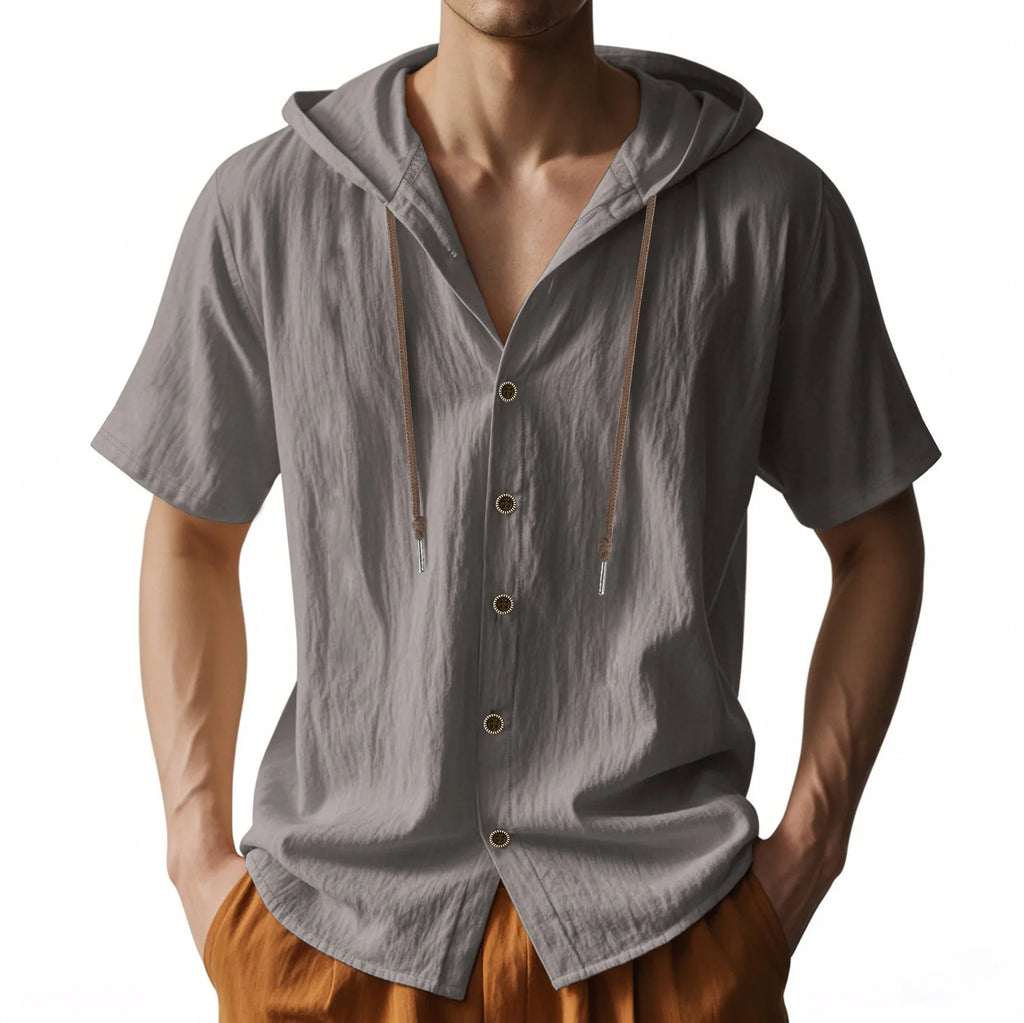 American Summer Men's Thin Breathable Linen Ami Kaji Loose Hooded Short-sleeved Shirt Men