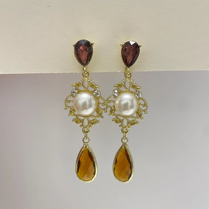 Vintage Elegant Baroque Pearl Ear Clips Earring Jewelry Temperament Long Water Drop Crystal Clip on Earrings Without Piercing