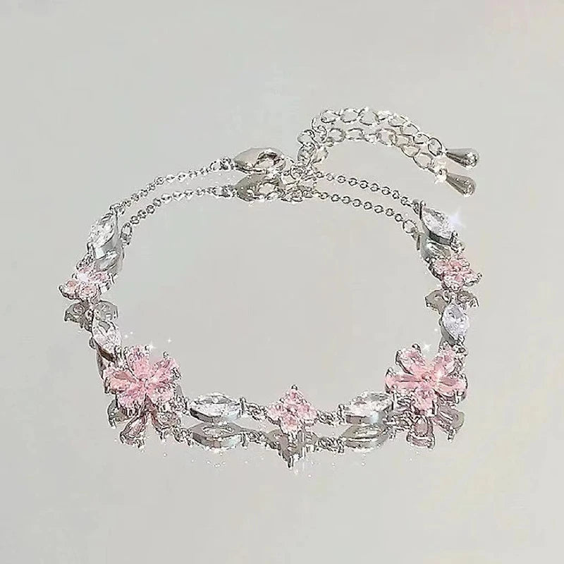 Y2K Sweet Pink Crystal Bracelet for Women Bling Zircon Elegent Blossom Flowers Bracelet Wedding Party Jewelry Gifts