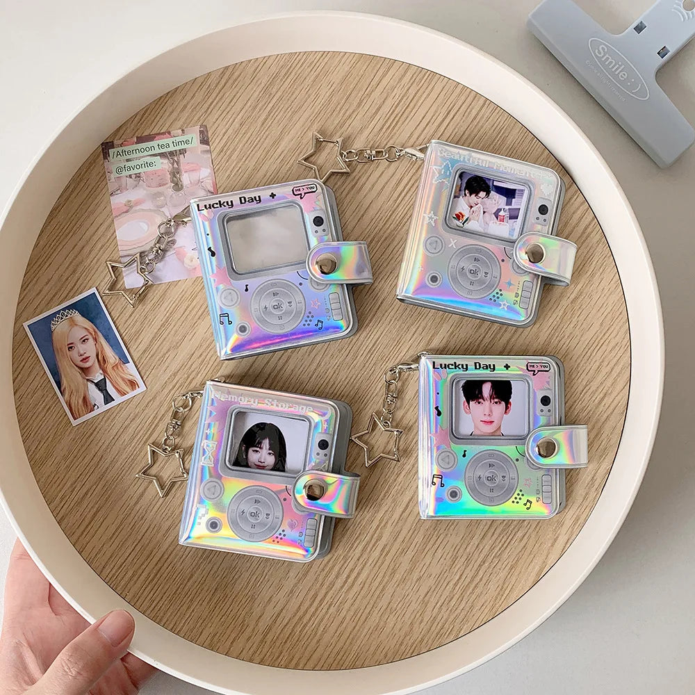32 Pockets 16 Pages Laser Color Photo Album for 1.4x2.1 Inch Mini Photo Name Card K-pop Star Photocard Album with Keychain
