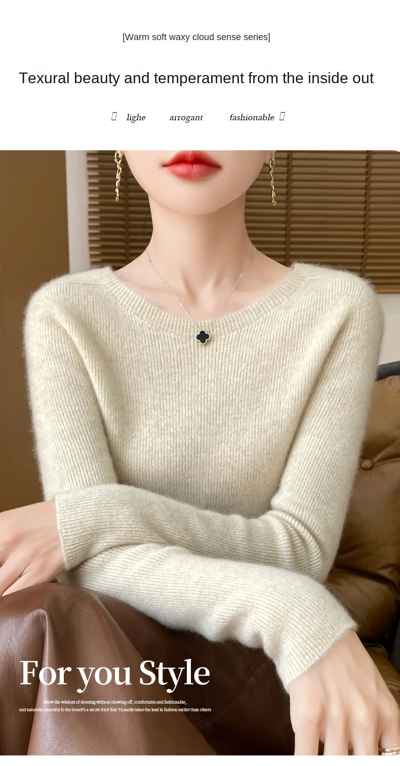 Early Fall New Crew-Neck Sweater Elegant High Elastic Simple Solid Color Thin Knit Crew-Neck Sweater Long Sleeve-GH458