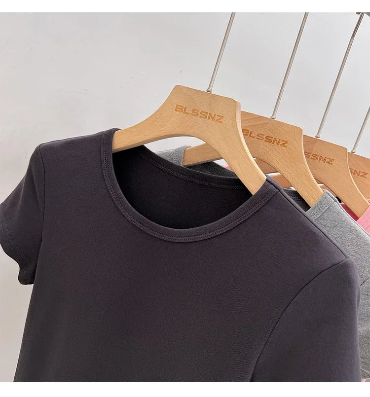 AOSSVIAO 2026 Summer White Cotton O Neck T-shirt Student Short Sleeve Versatile Tops Solid Slim Fit T Shirts Y2k Tee