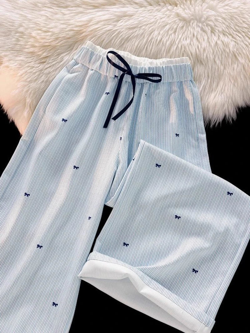 Zoki Sweet Bow Striped Pants Women High Waist Korean Casual Wide Leg Trousers Elegant Fashion Loose Cute Female Spring Pants New
