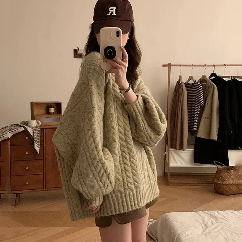 Autumn Winter Women Knit Sweater Korean Oversized Long Sleeve O Neck Pullover Fashion Solid Loose Preppy All Match Jumper Mujer