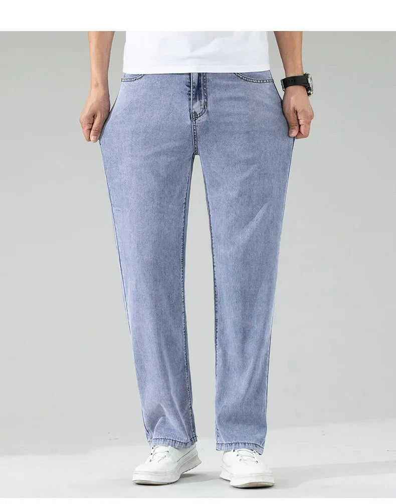 Lyocell Men's Black Jeans Summer Thin Loose Straight Soft Ice Silk Casual business Denim Pants male Elastic Wide Trousers