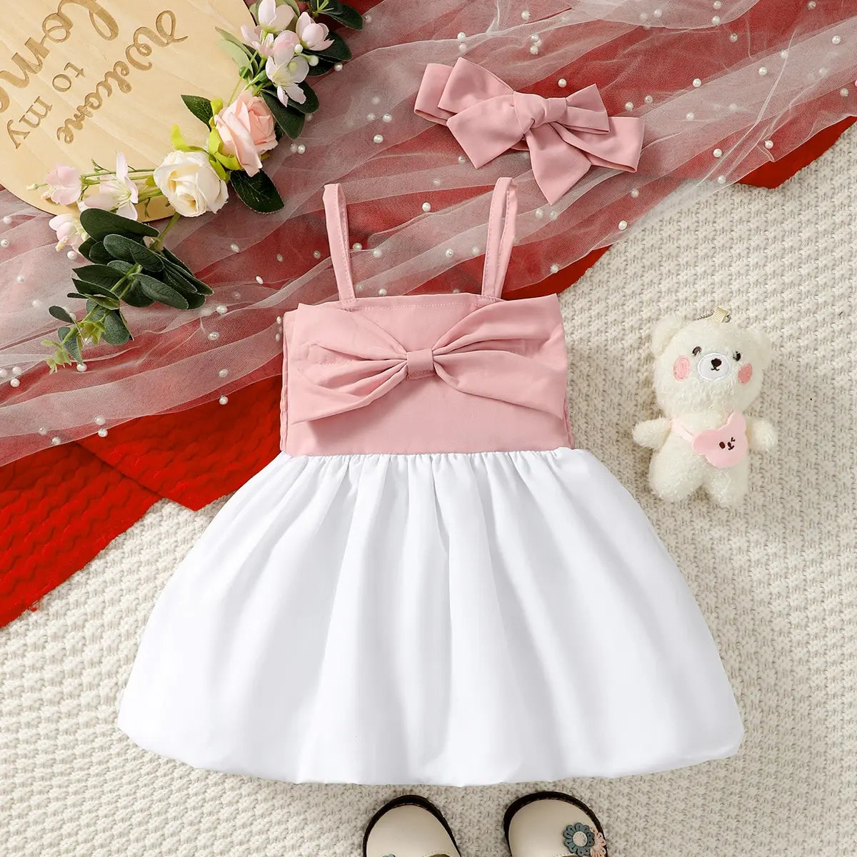 0-3 Year Old Newborn Baby Girls Summer Sleeveless Bow Strap Pink Patchwork White Fashionable Party Dress