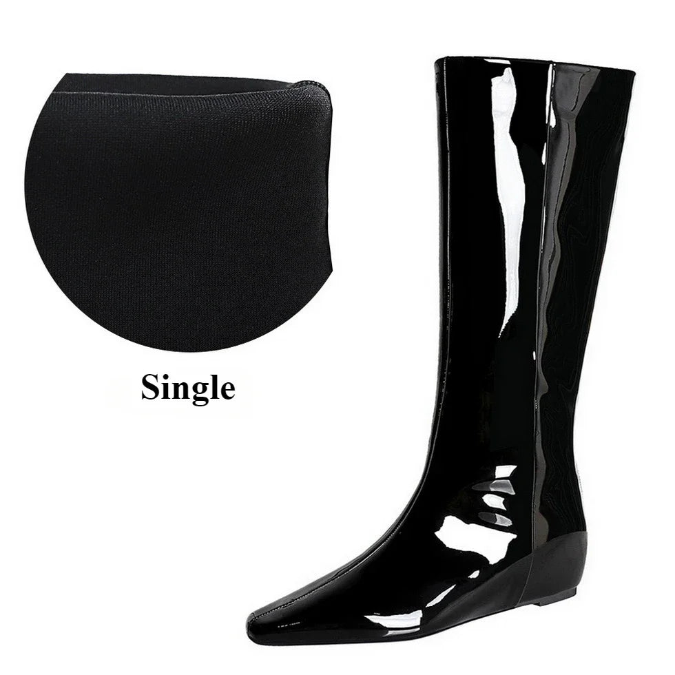 BIGTREE New Black Wedge Heels Women Modern Boots Female Shoes 2025 Fashion Luxury Pointed Toe Ladies Long Knee Western Boots