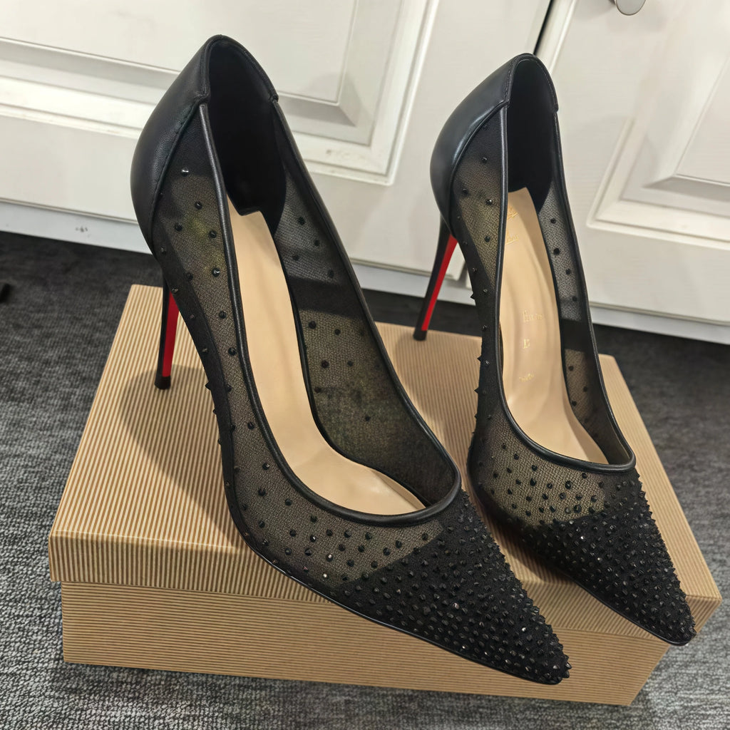 Zapatos de tacón de mujer con encaje de malla negra de lunares, punta afilada, suela roja, tacones altos de 8, 10 y 12 cm, talla 35-42