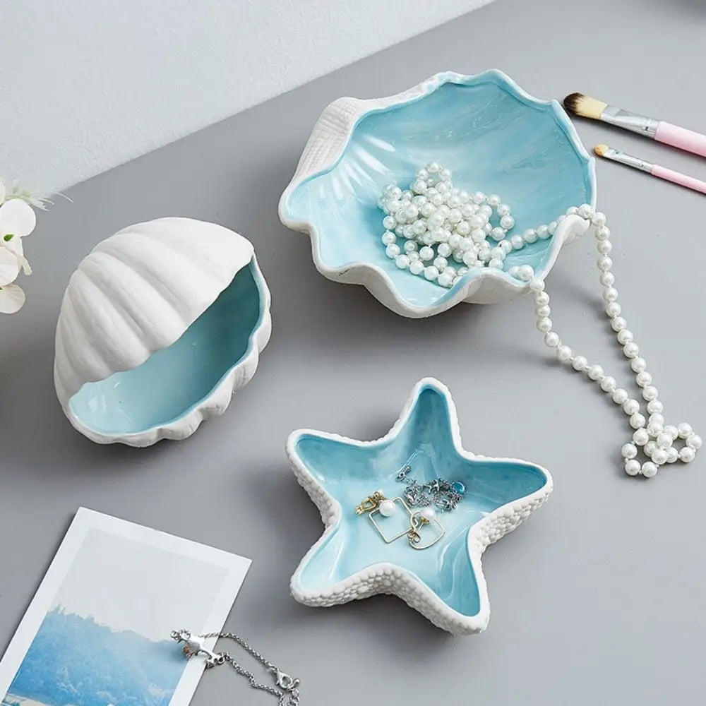 1 Pc Ceramic Starfish Shell Storage Tray Jewelry Display Tray Conch Storage Plate Earrings Ring Box Crafts Decoration