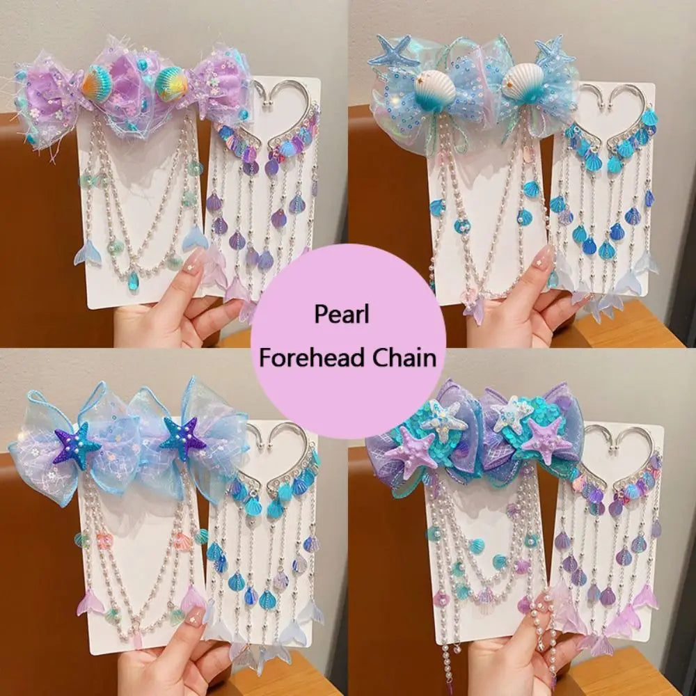 Cute Children Mermaid Pearl Hair Clip Princess Tassel Forehead Chain Tassel Bow Accessories