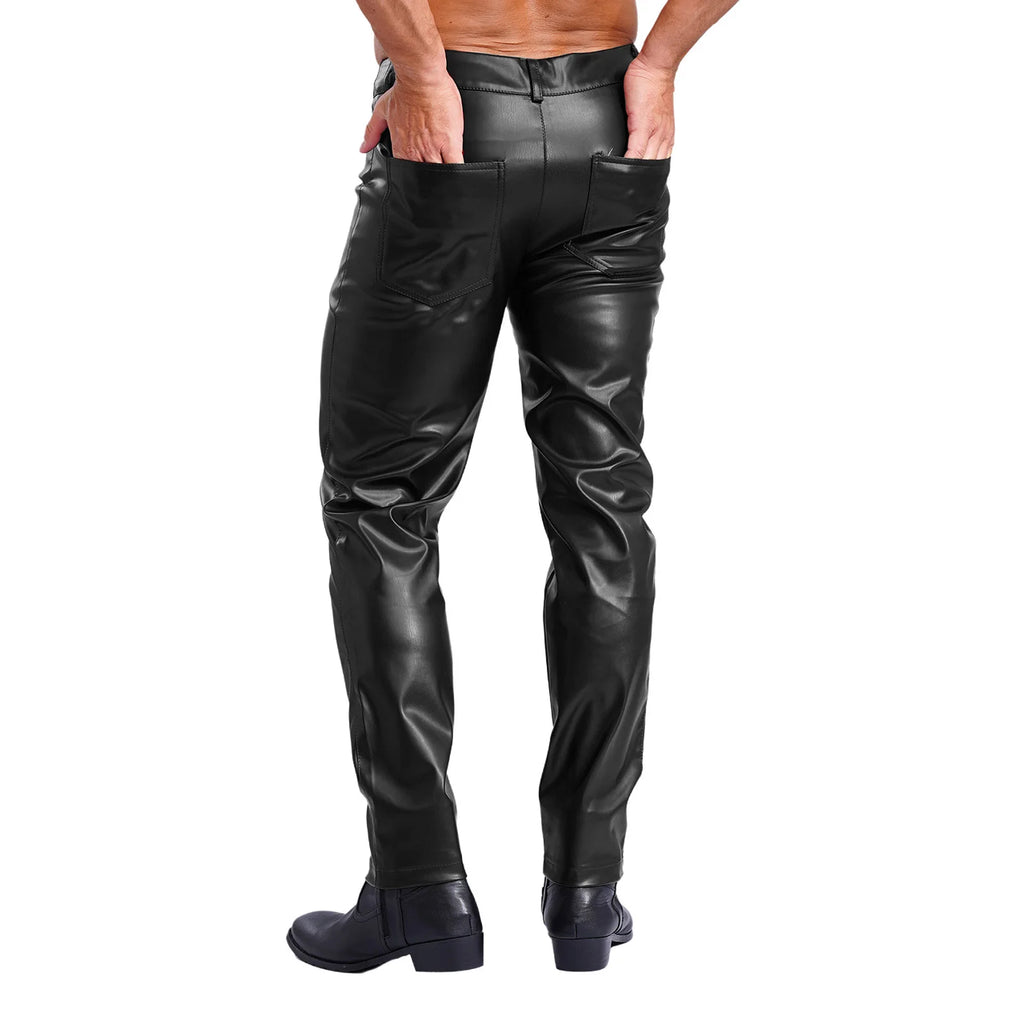 Mens Stylish Faux Leather Pants Pockets Halloween Costume Smooth Lining Straight Pants Tights Leggings Music Party Clothings