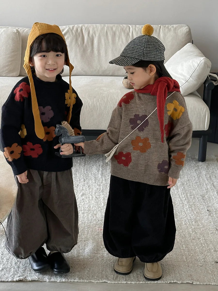 deer jonmi 2025 New Autumn Unisex Children Flowers Knitted Sweaters Retro Baby Boys Girls Pullovers Sweater