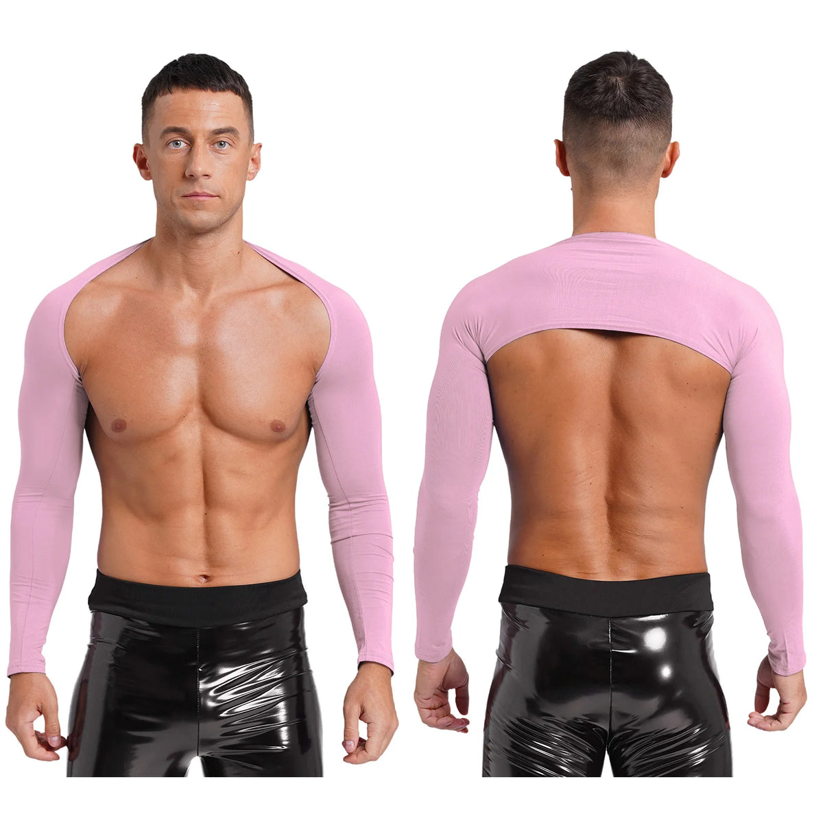 Men Open Front Half Crop Top Solid Long Sleeve Cardigan Bolero Shrug Tops Muscle Arm Sleeves Workout Sports Gym Tops Clubwear