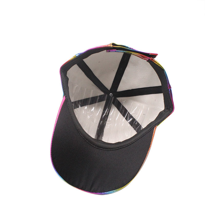 Rainbow Holographic Baseball Cap Shiny PU Leather Snapback Hat for Men Women Hip Hop Street Dance Party Cap