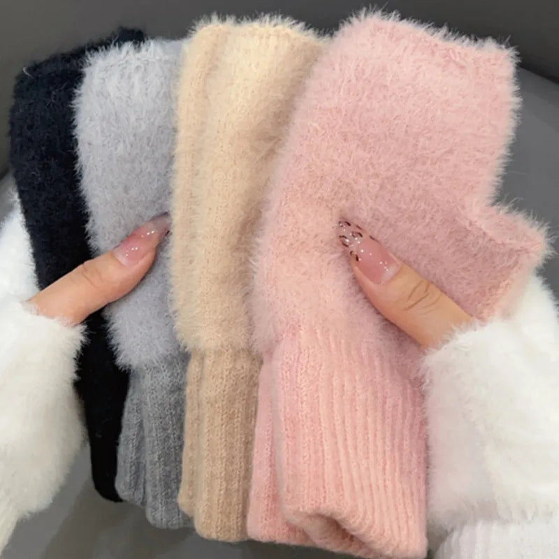 Thermal Fingerless Gloves Women Winter Freeze-proofing Breathable Plush Glove Outdoor Cycling Cold Proof Warm Half Finger Gloves