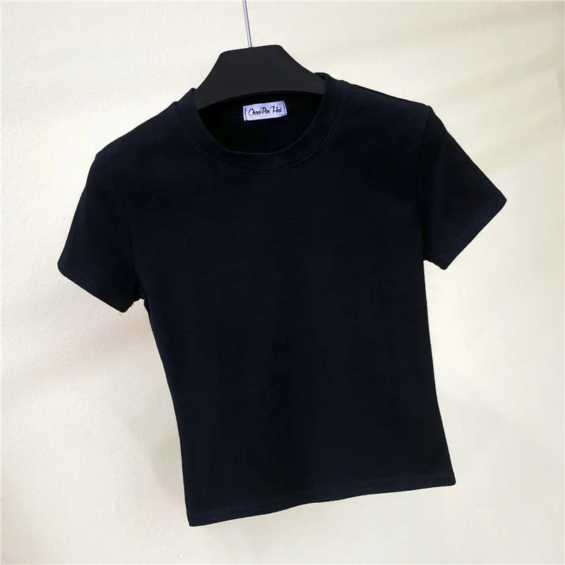 2023 Summer Crop Tops Women T-Shirt Casual Turtleneck Tee Shirt Woman Solid Cotton T Shirt Short Sleeve Top Tees Slim T-shirt