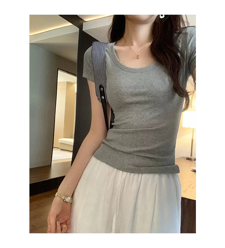 Spring Summer New Short Sleeve T-Shirt Women Solid Simple Casual Soft All-Match Hot Basic Slim Tops Tees Summer Fashion 2026