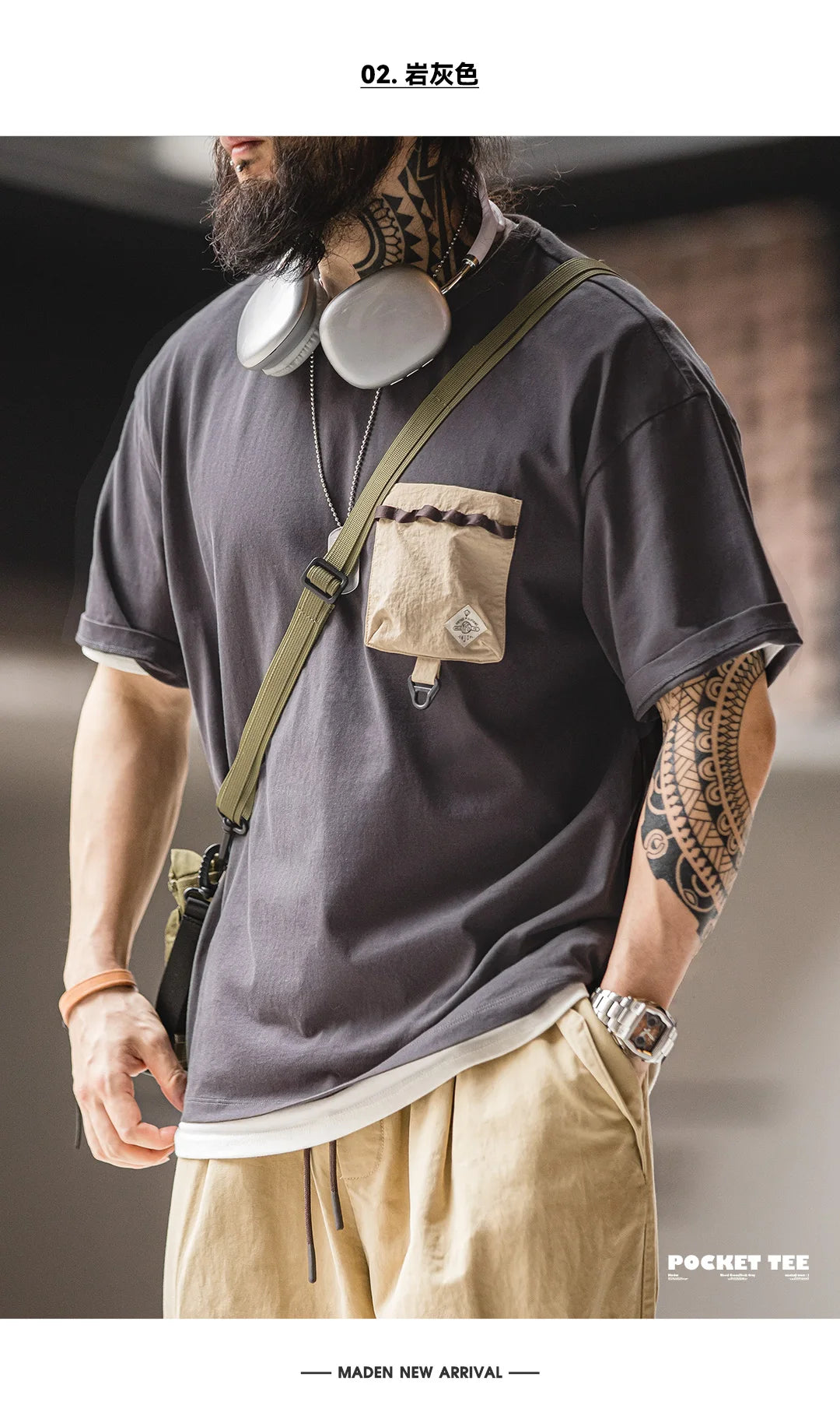 Maden Casual Outdoor Spliced Pocket Short Sleeve T-Shirt Men's Summer Loose Fit Breathable Round Neck Tee Comfortable Street Top