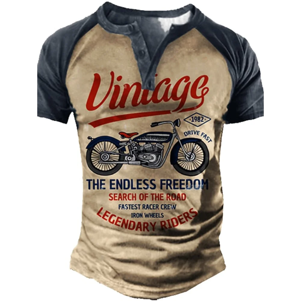 Vintage Henley Shirts Motorcycle 3D Printed Men's Fashion Streetwear Oversized Short Sleeve T-Shirts Men Tees Tops Clothing